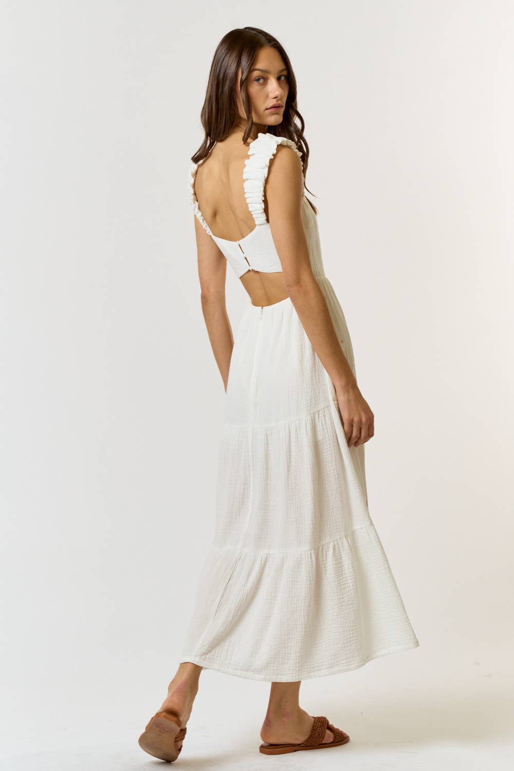 Ivory Cotton Gauze Embroidered Back Cutout Maxi Dress