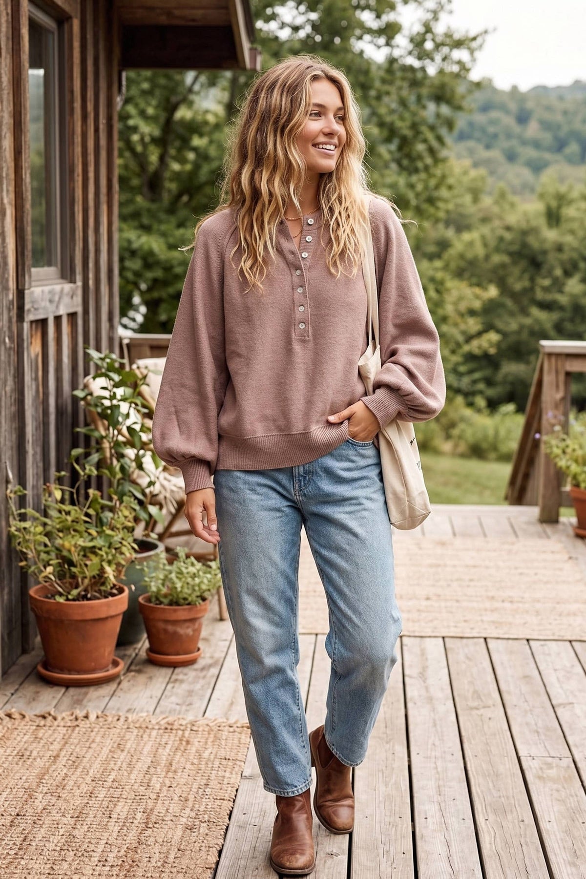 Henley Taupe Balloon Sleeve Top