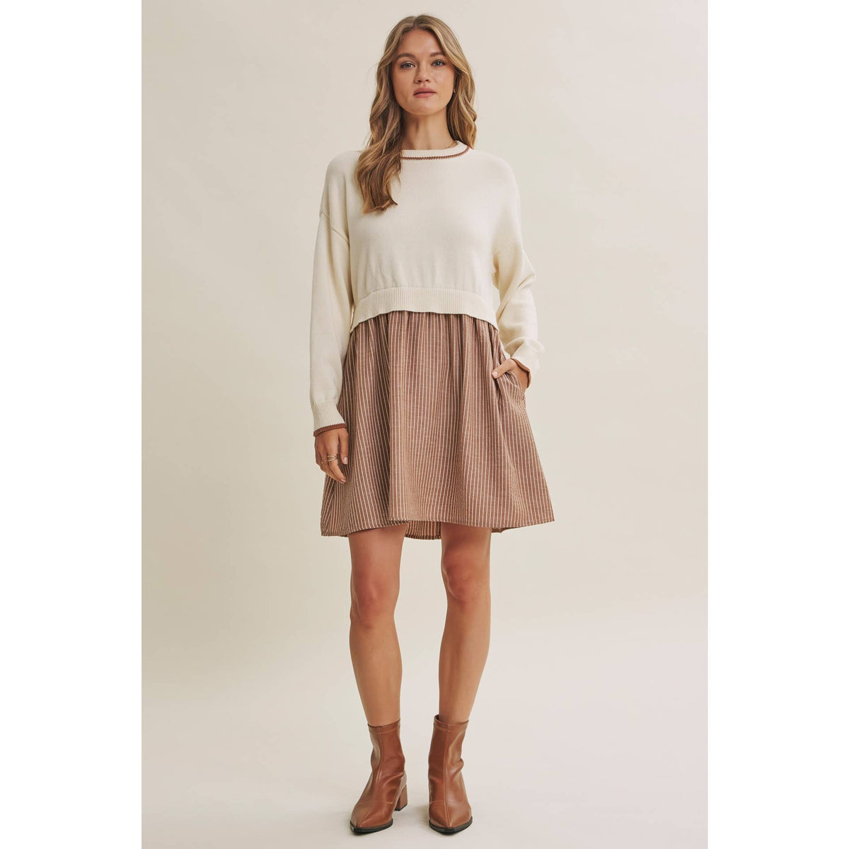 Mocha Layered Twofer Stripe Mini Dress