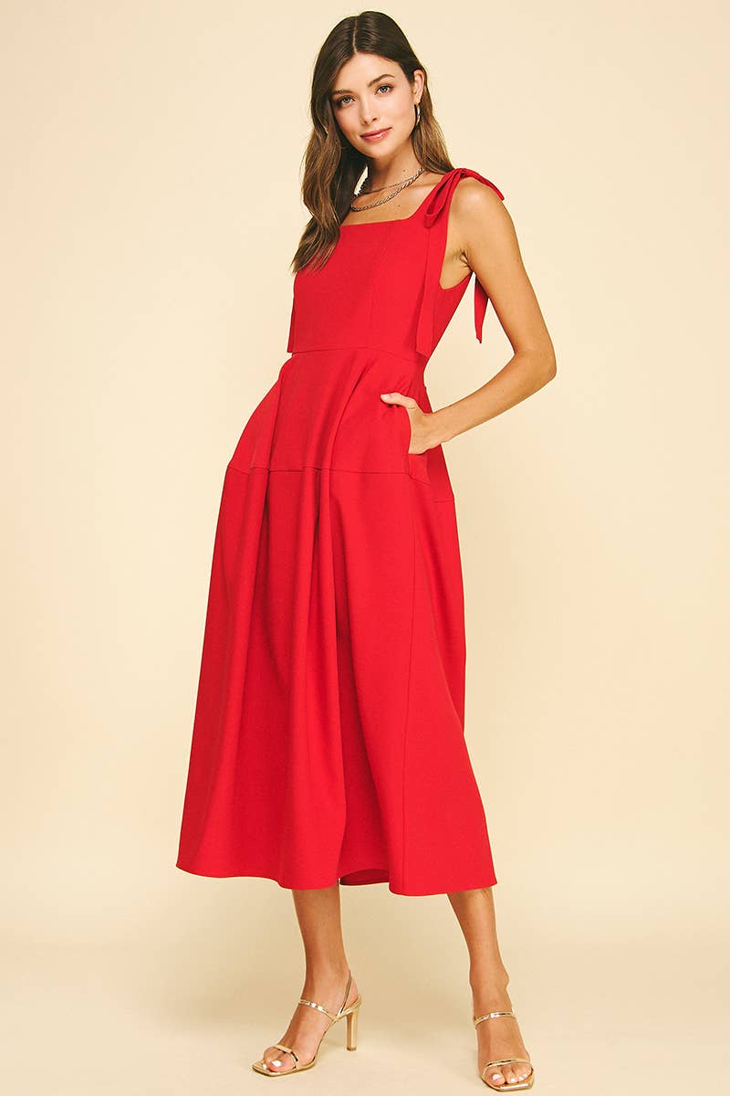 Red Ribbon Midi Sleeve Dress