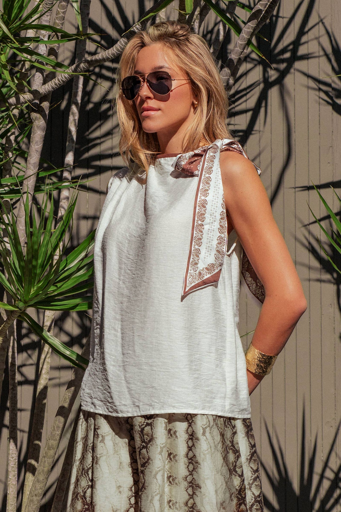 White Paisley Scarf Tie Shoulder Linen Blend Top