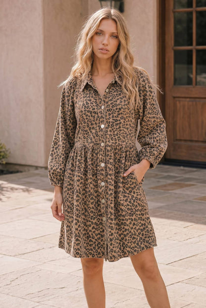 Taupe Leopard Button Front Mini Dress