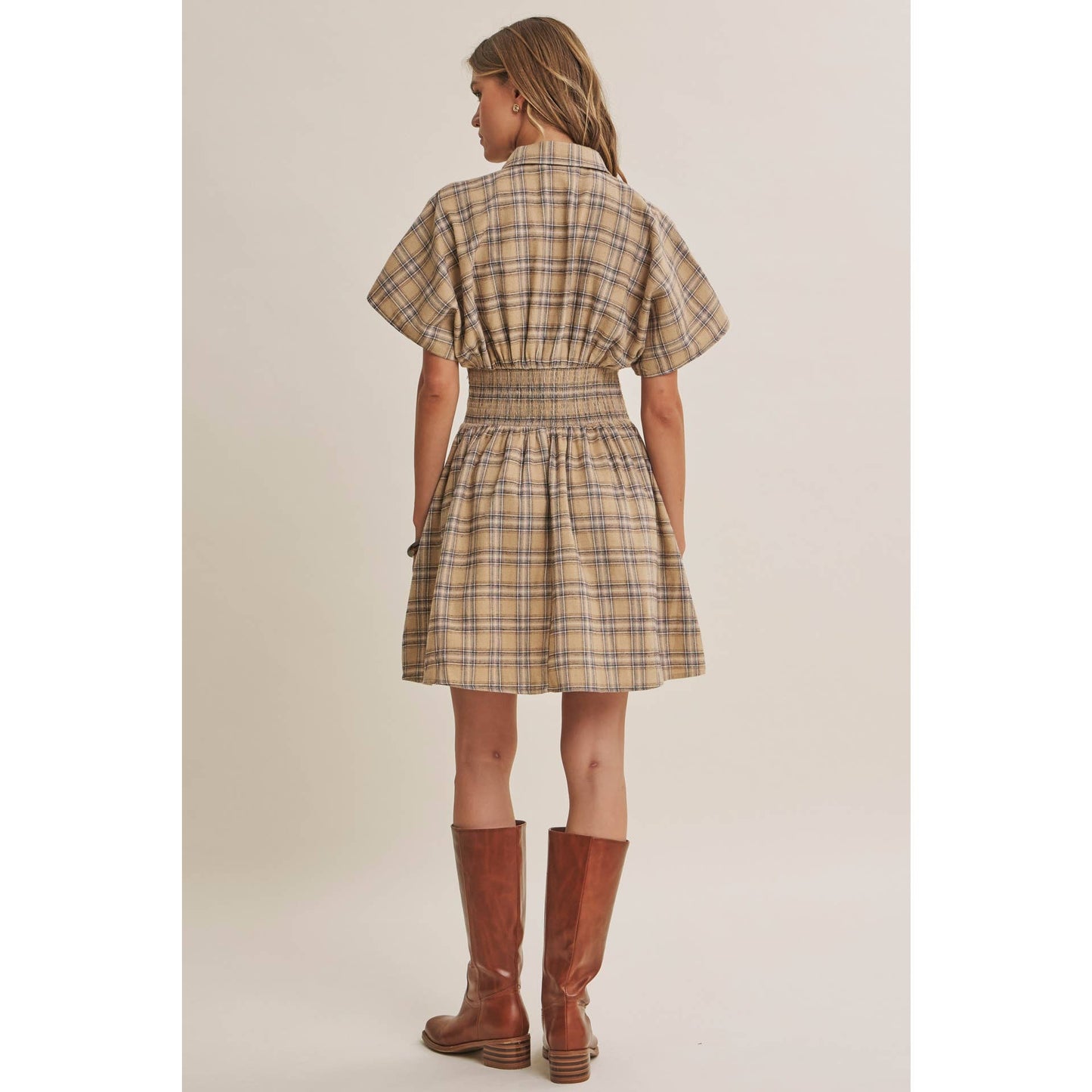 Biscuit Pleated Plaid Smocked Waist Mini Shirt Dress