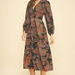 Black Leaf Print V-Neck Midi Dress