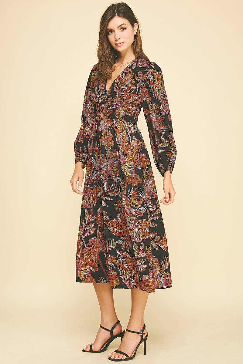 Black Leaf Print V-Neck Midi Dress