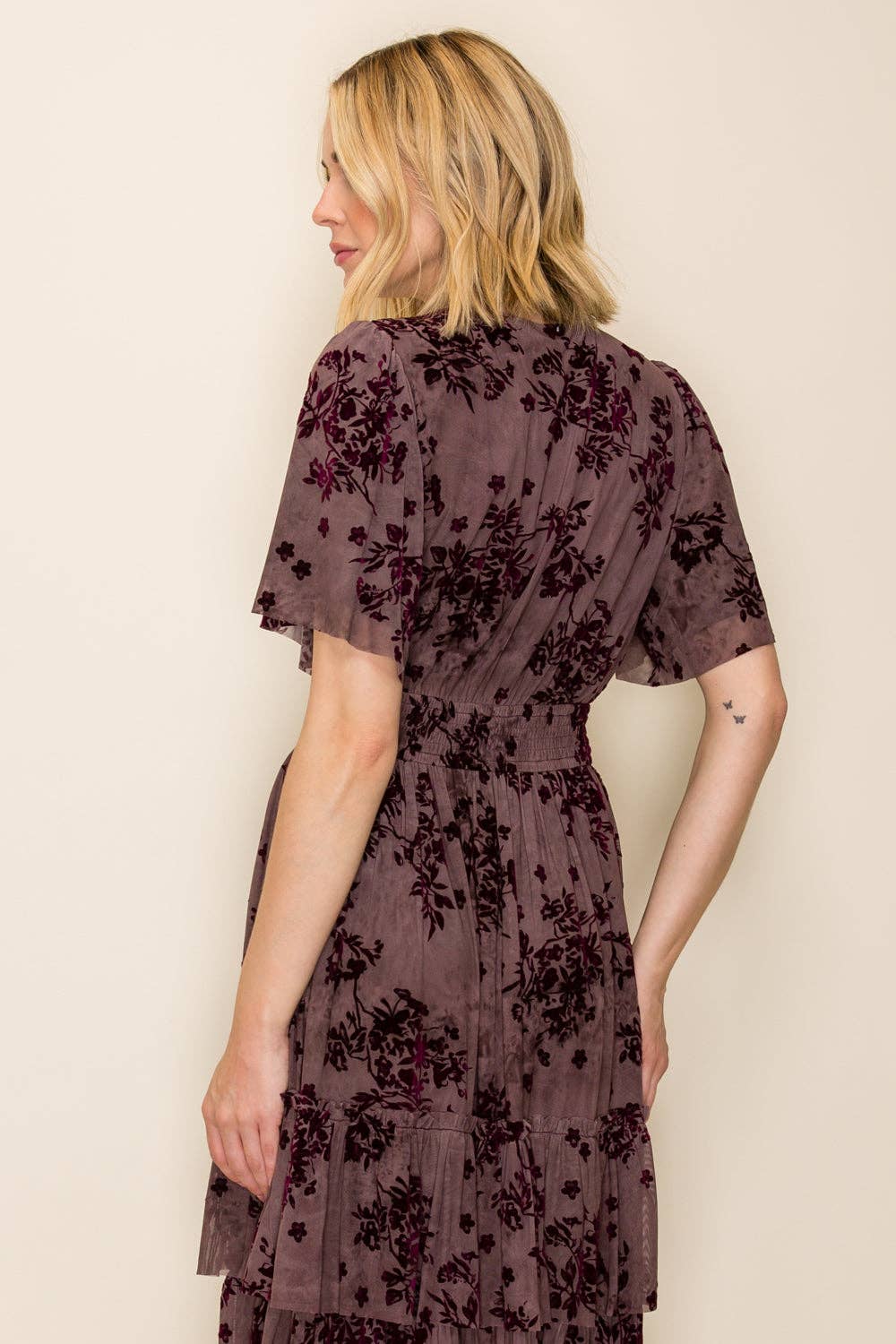 Velvet Plum Floral Smocked Waist Tiered Dress