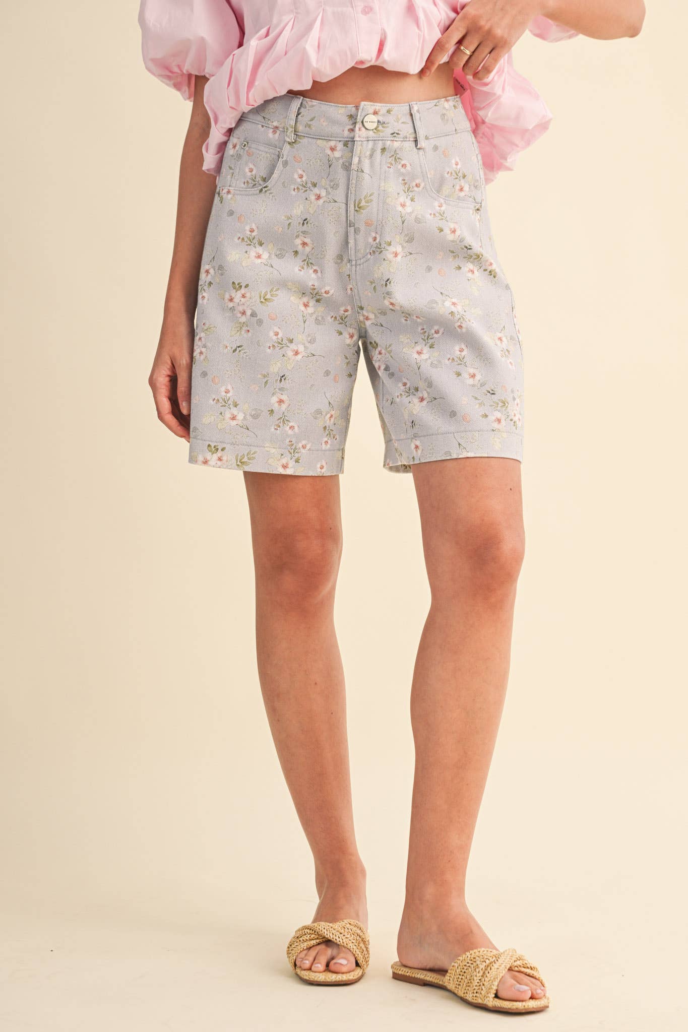 Light Denim Floral Bermuda Shorts
