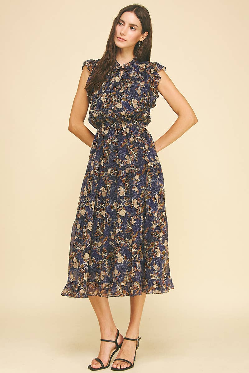 Deep Wine Floral Print Tiered Chiffon Dress