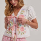 Off White Floral Embroidered Tie Front Top