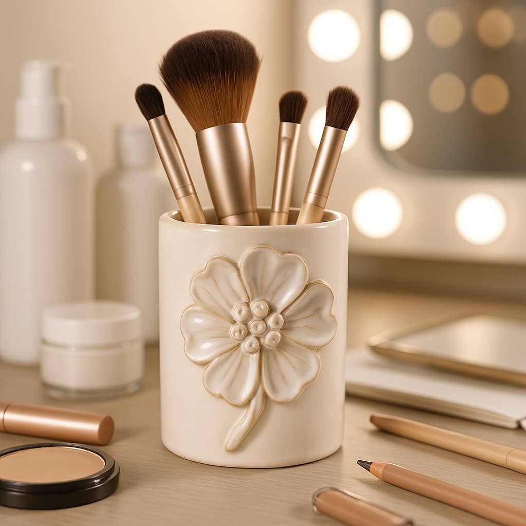 Ivory Ceramic Flower Pencil Cup (4 in.)