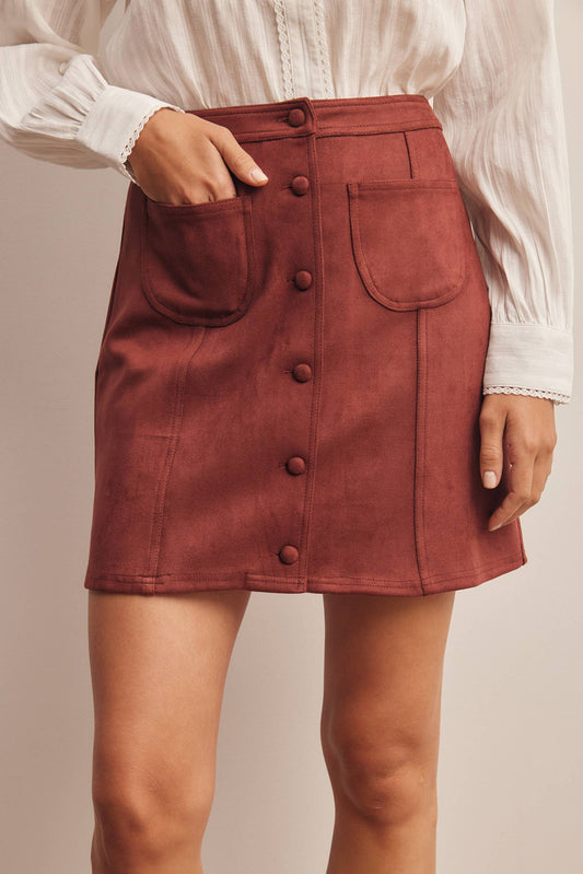 Burgundy Stretch Suede Button Front Mini Skirt
