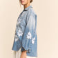Washed Denim Flower Embroider Button Front Shirt