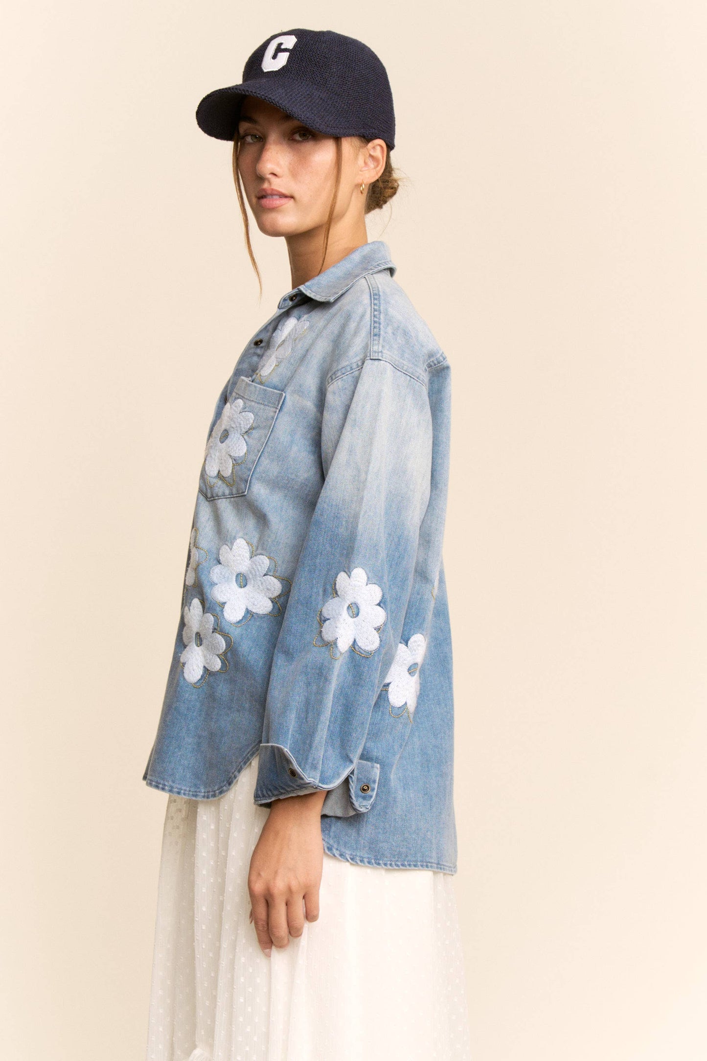 Washed Denim Flower Embroider Button Front Shirt