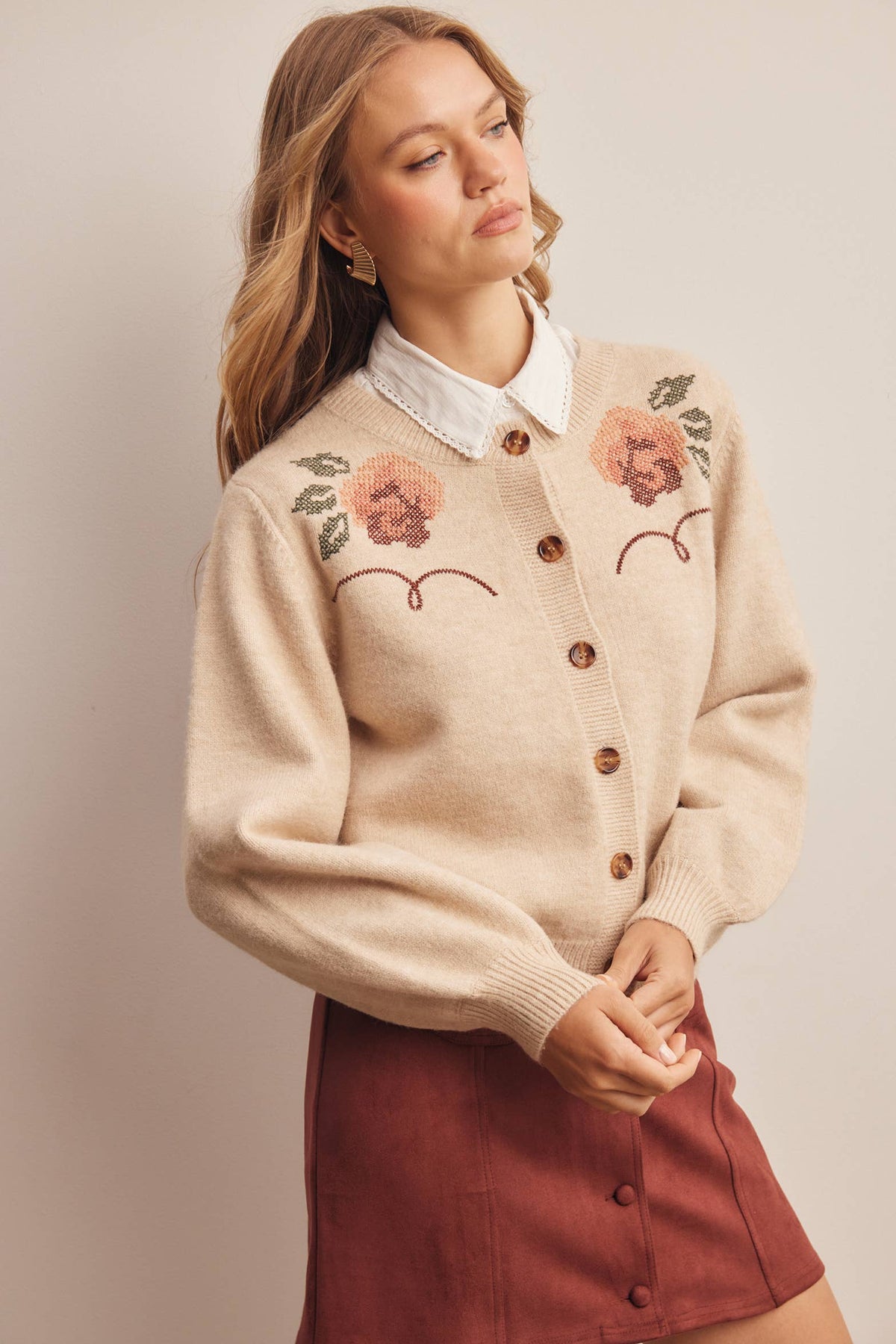 Floral Embroidered Ecru Knit Cardigan