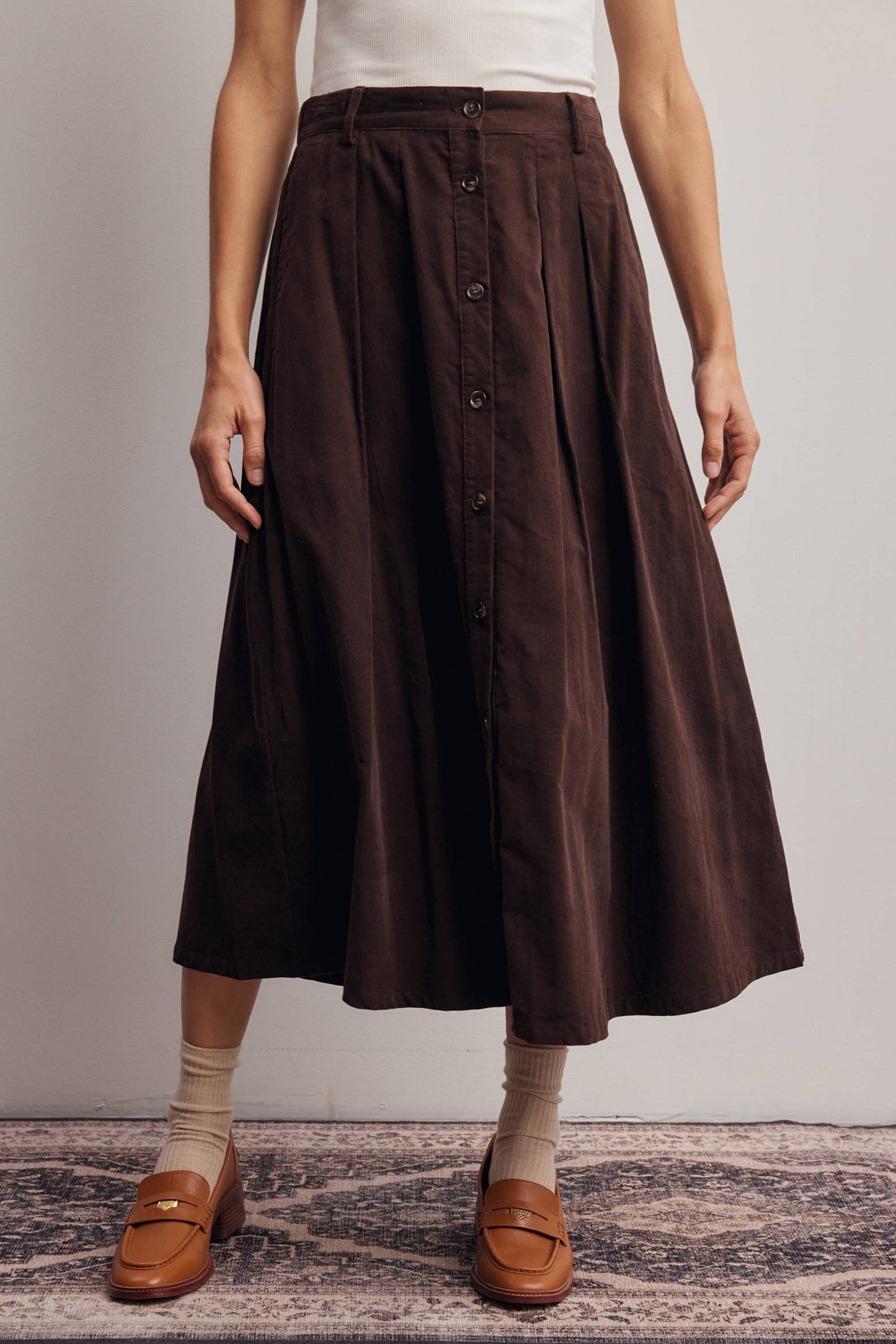 Mocha Corduroy Button Front Midi Skirt