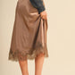 Espresso Satin Midi Slip Skirt with Lace Hem