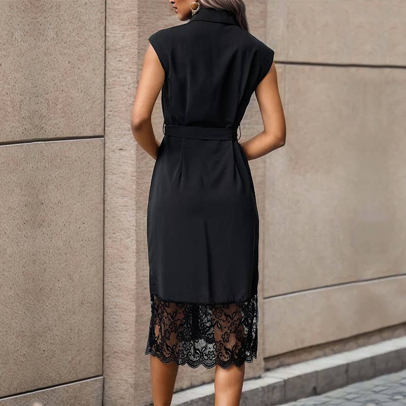 Black Lapel Tie Lace Dress
