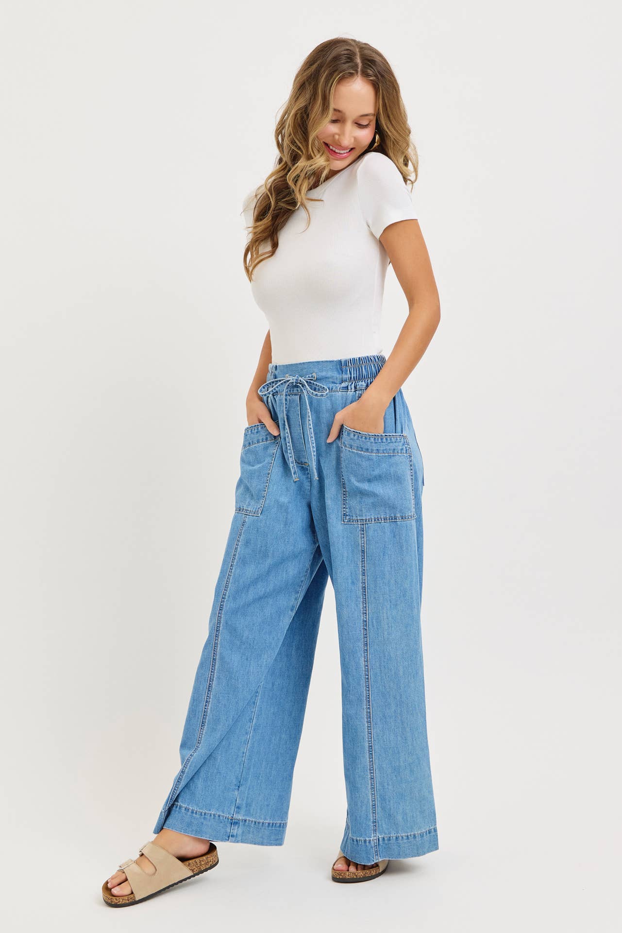 Denim Pull On Wide-Leg Pants