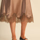 Espresso Satin Midi Slip Skirt with Lace Hem