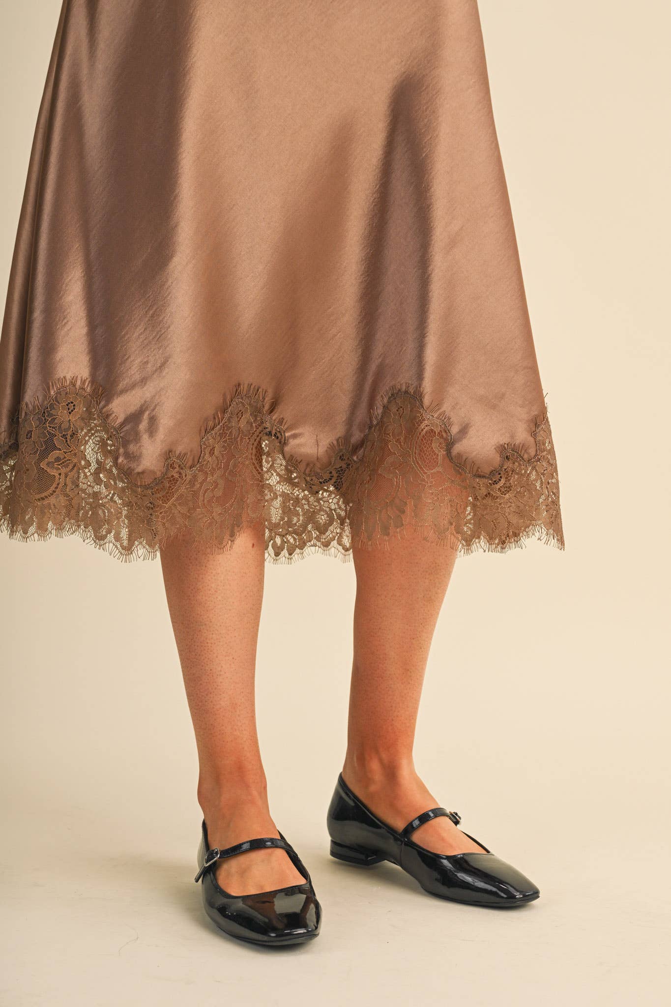 Espresso Satin Midi Slip Skirt with Lace Hem