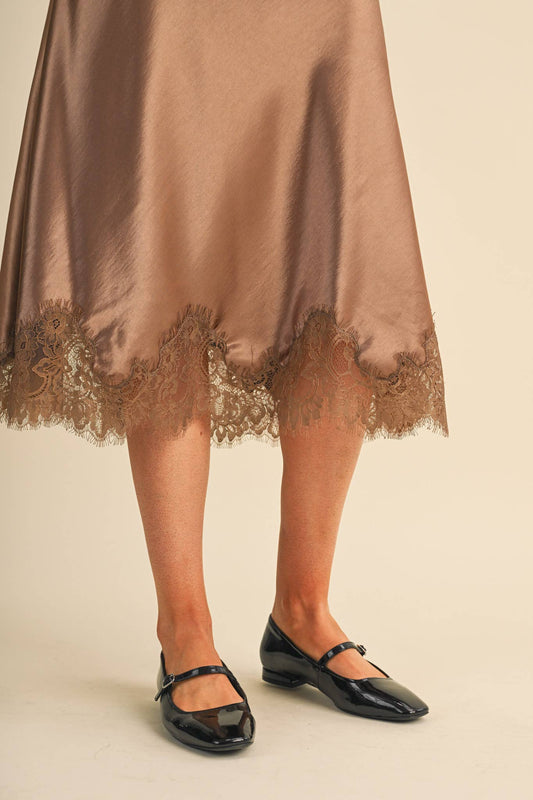 Espresso Satin Midi Slip Skirt with Lace Hem