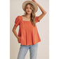 Cotton Puff-Sleeved Cayenne Pleated Blouse