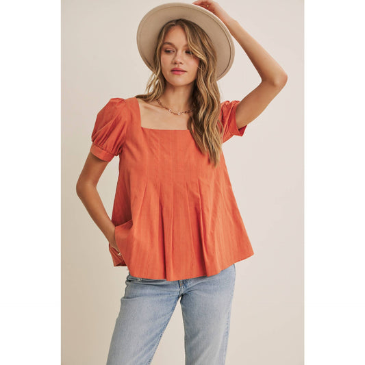 Cotton Puff-Sleeved Cayenne Pleated Blouse