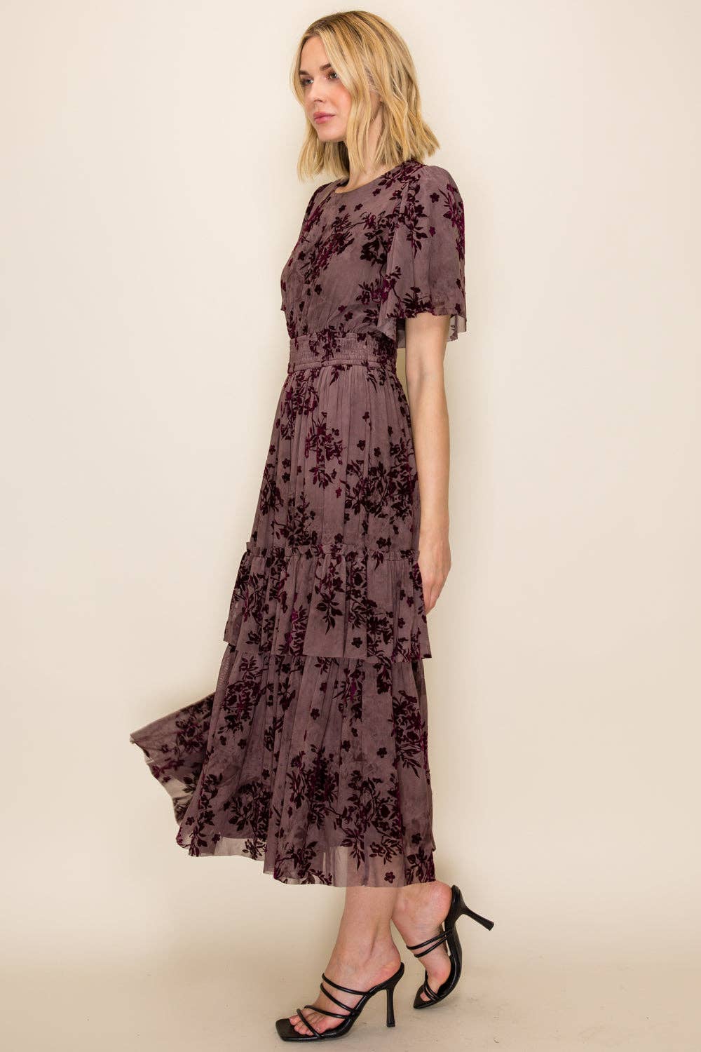 Velvet Plum Floral Smocked Waist Tiered Dress