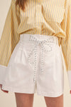 Rope Trim Pleated Belted Shorts