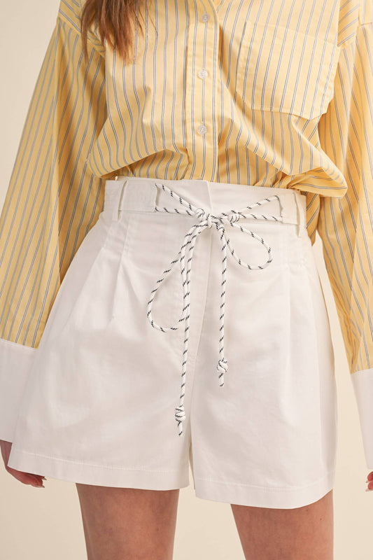 Rope Trim Pleated Belted Shorts