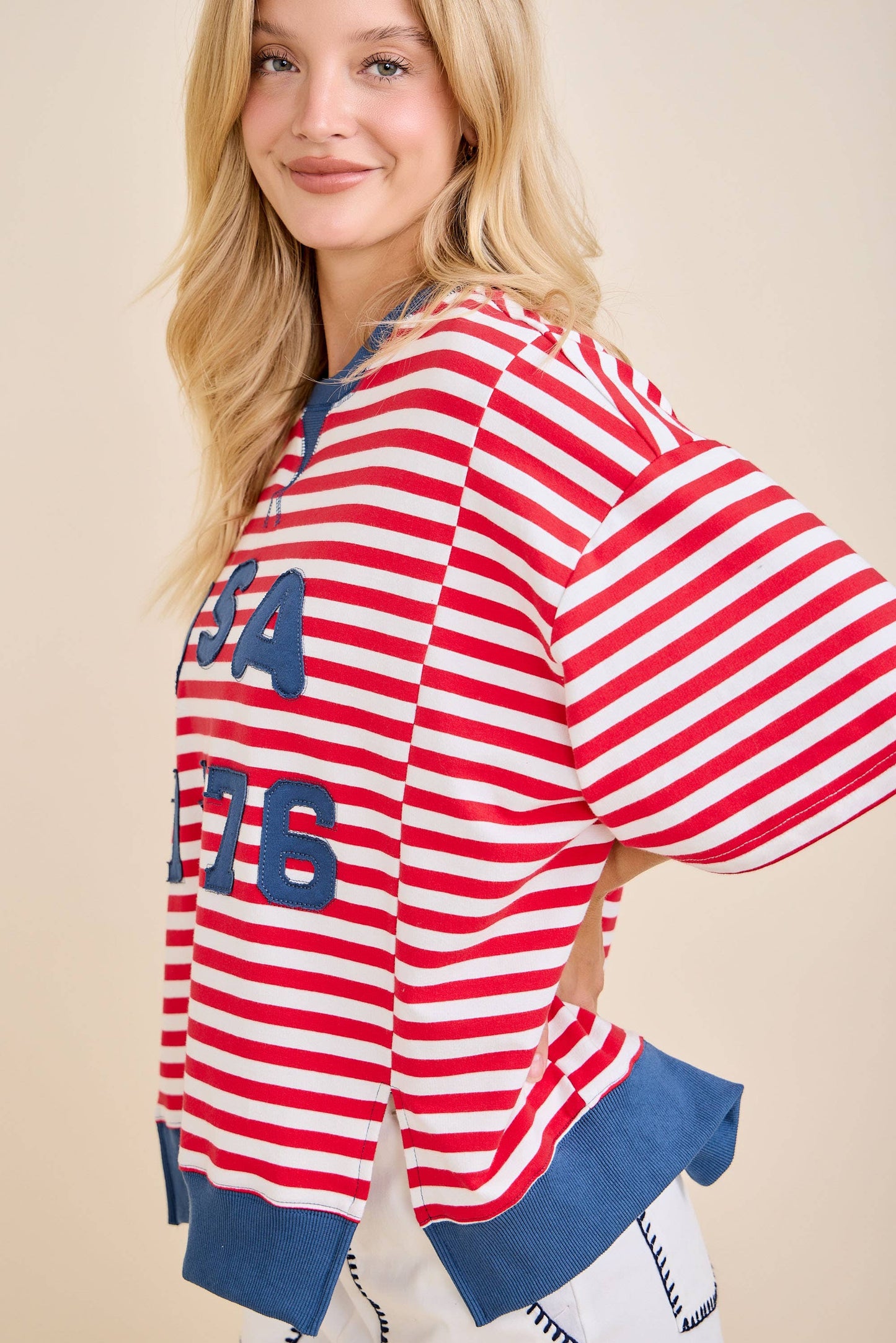 USA Rope Embroidery Striped Top