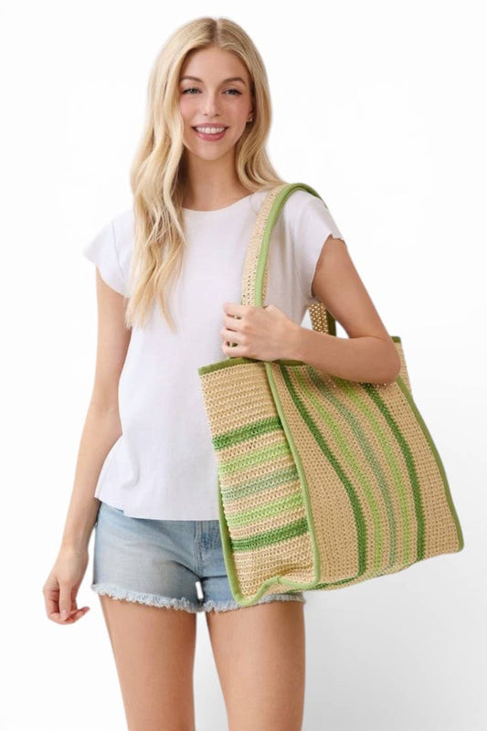 Natural Straw Tote With Multi Color Stripes