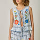 Floral Embroidered Front Tie Ruffled Vest