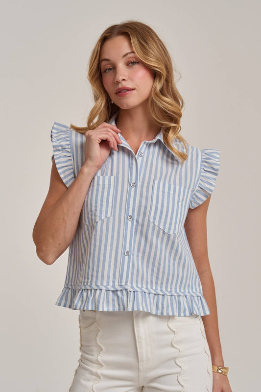 Blue Stripe Button Front Blouse