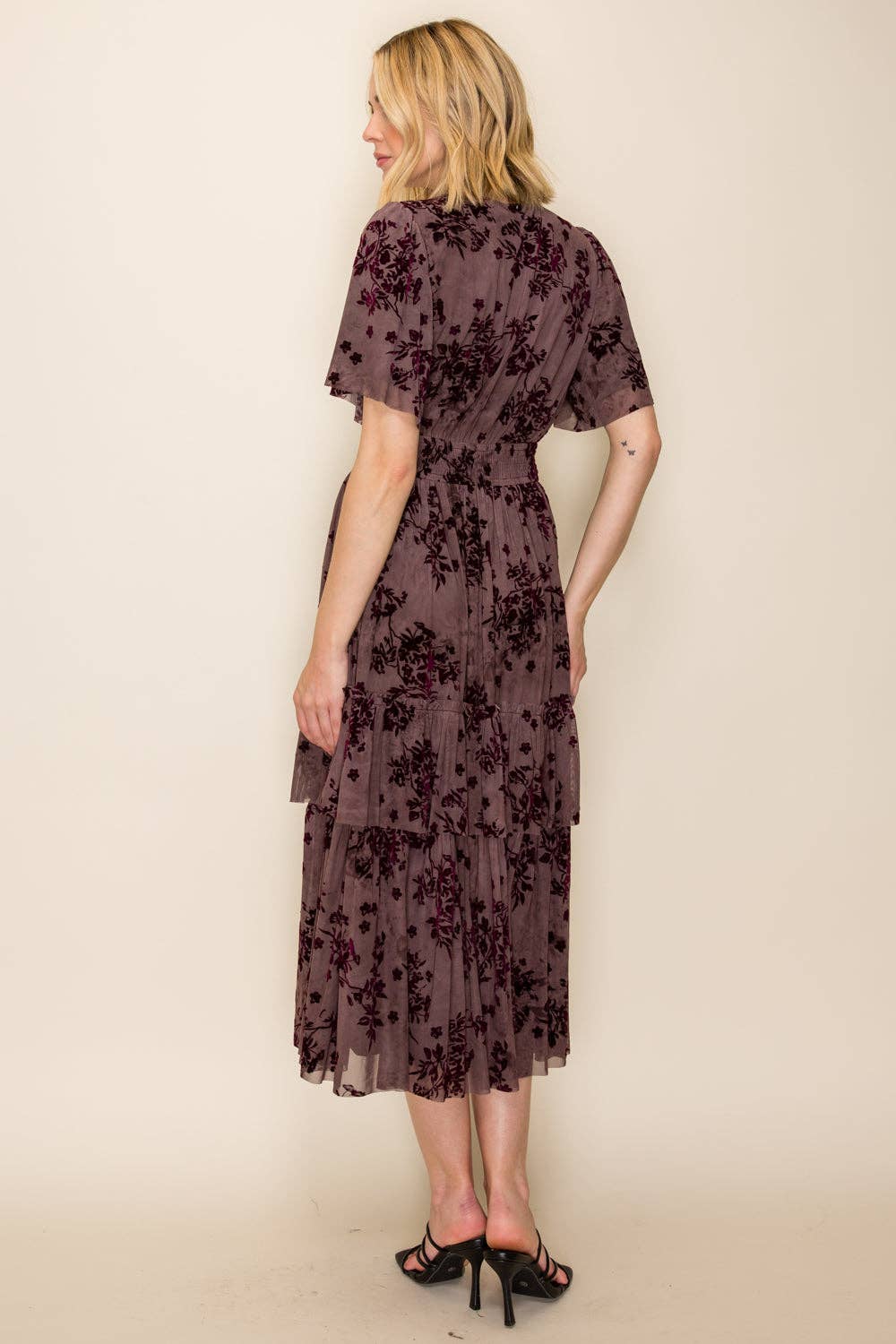 Velvet Plum Floral Smocked Waist Tiered Dress