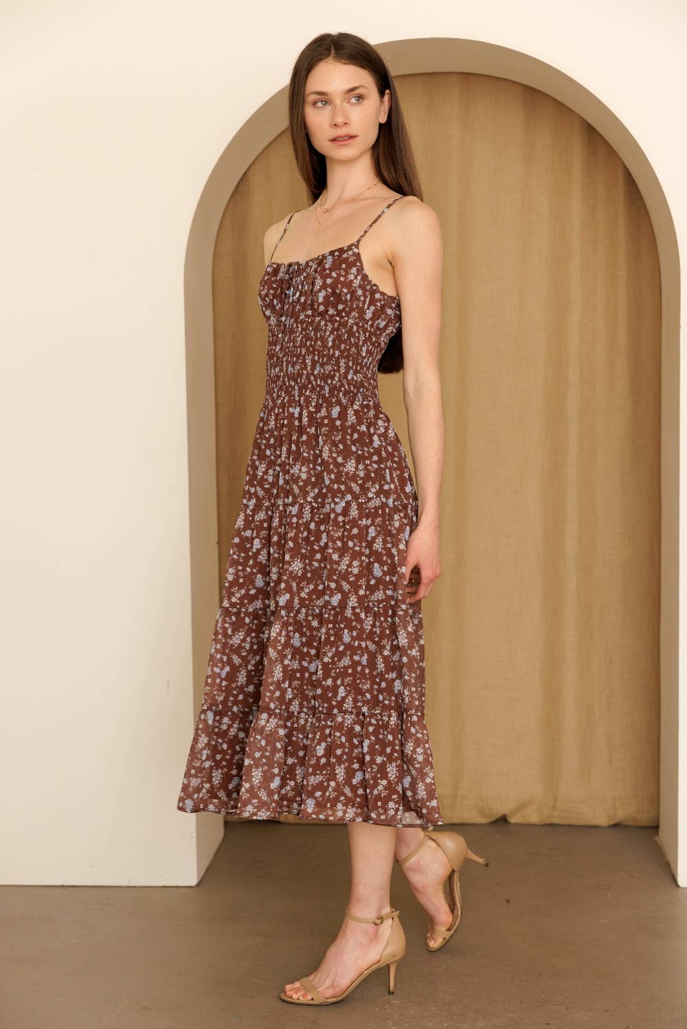 Brown + Blue Smocked Floral Tiered Midi Dress