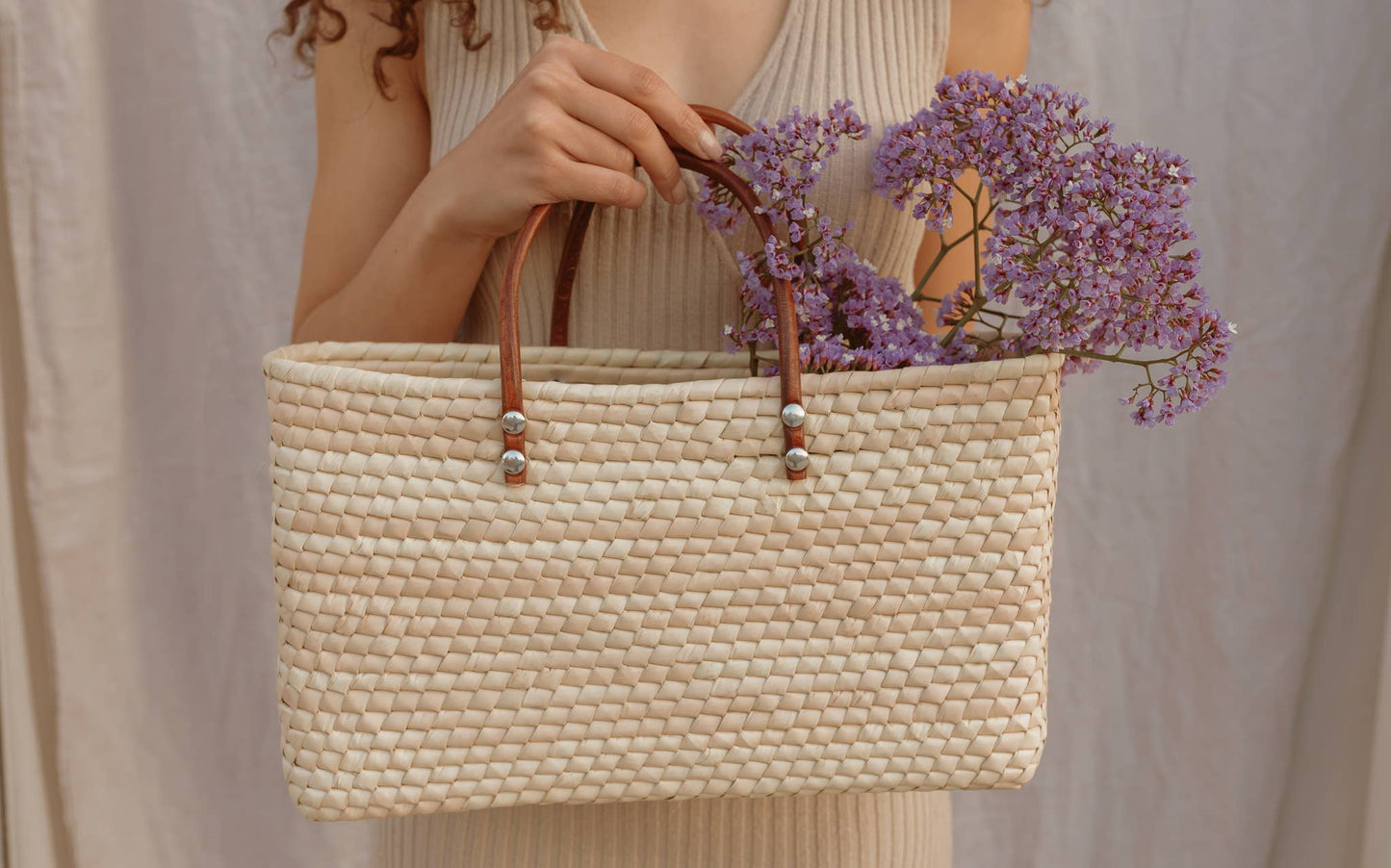 Juniper Straw Market Tote With Leather Handles