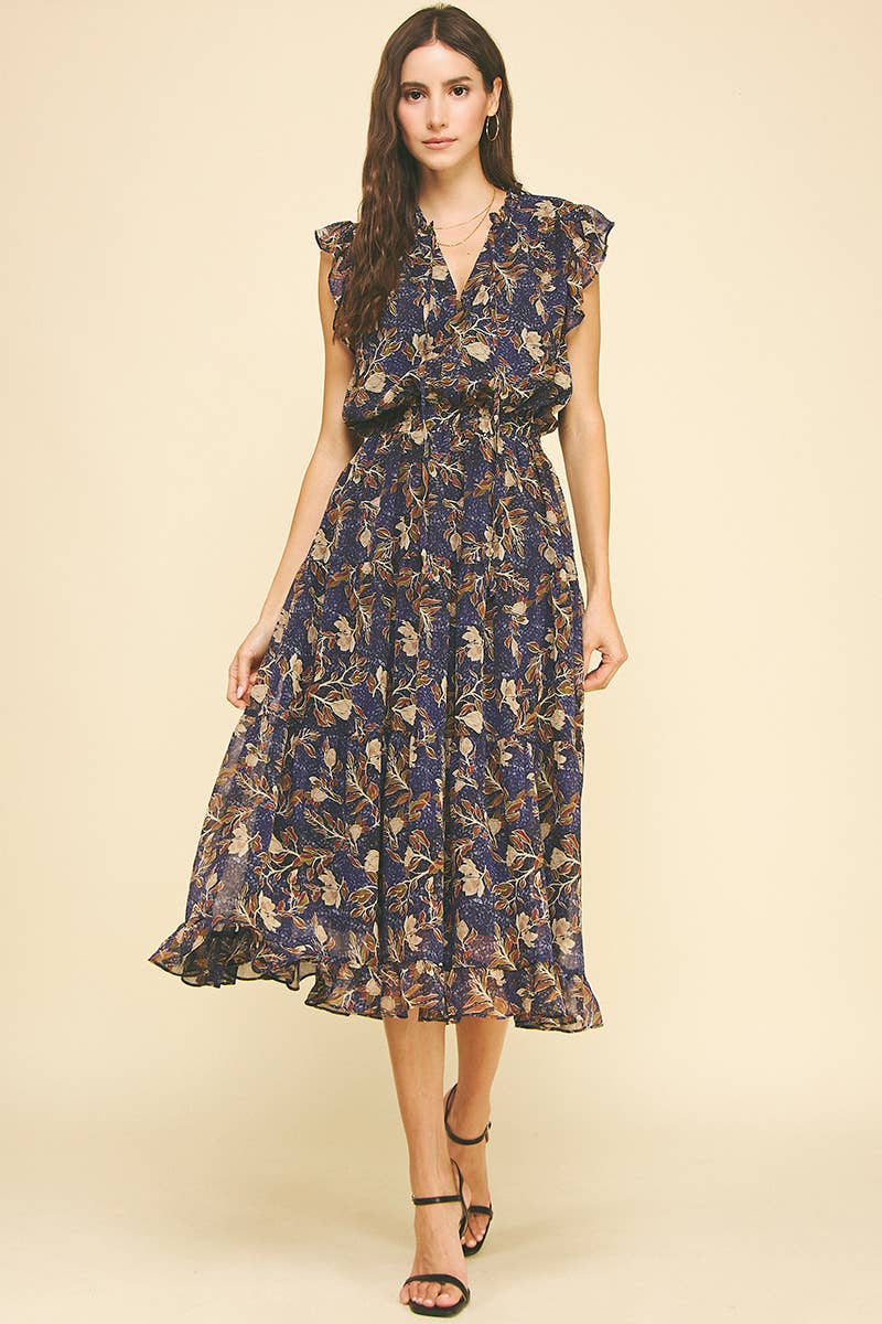 Deep Wine Floral Print Tiered Chiffon Dress