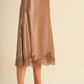 Espresso Satin Midi Slip Skirt with Lace Hem