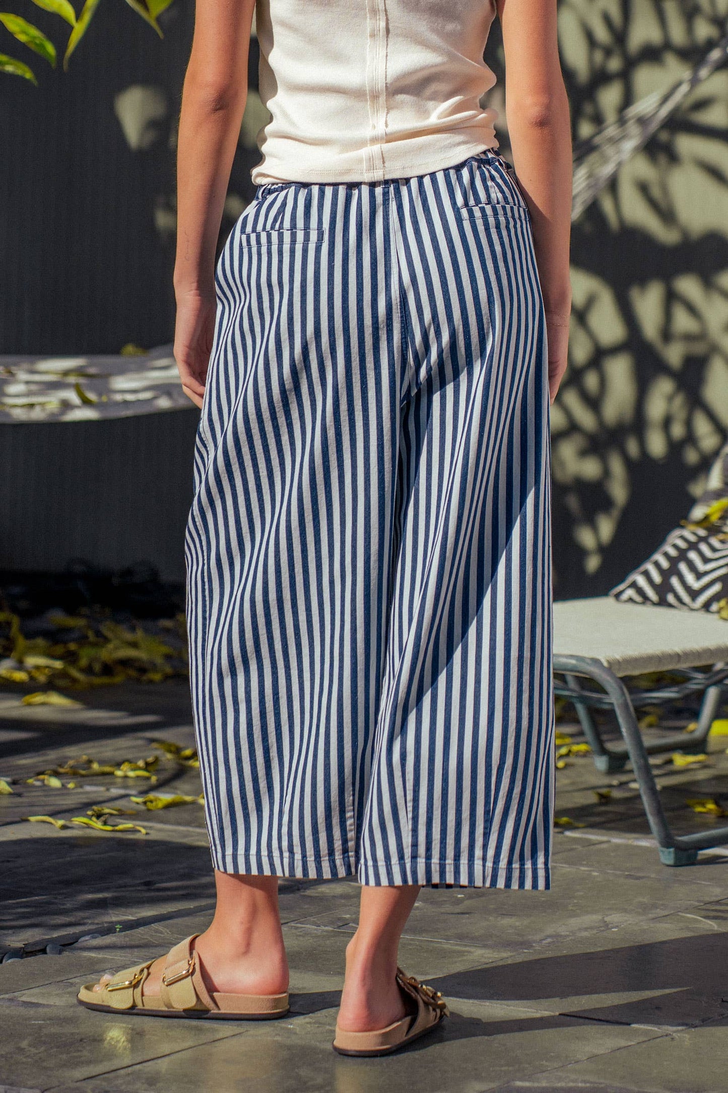Blue Striped Pleated Wide Leg Culotte Pants