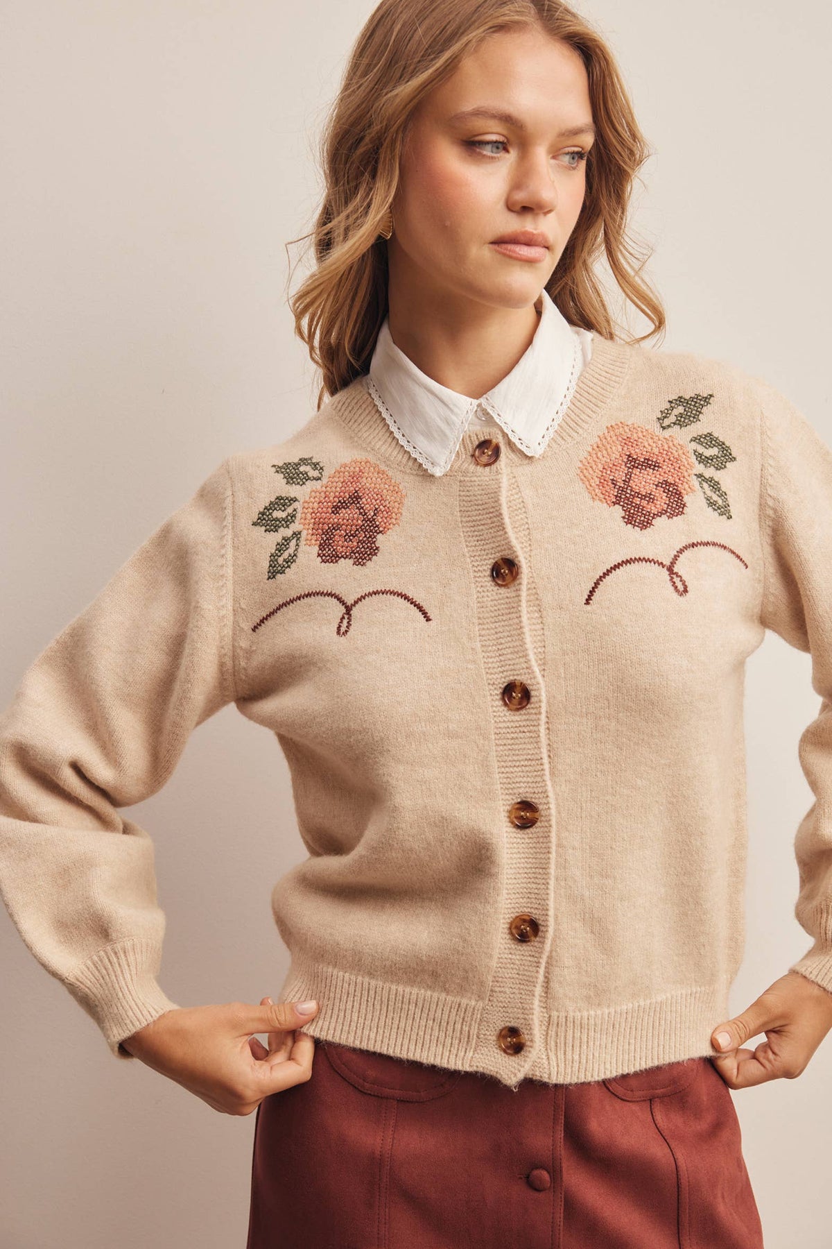 Floral Embroidered Ecru Knit Cardigan