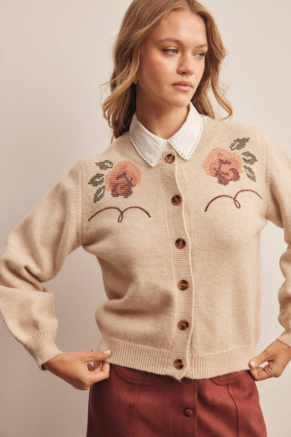 Floral Embroidered Ecru Knit Cardigan