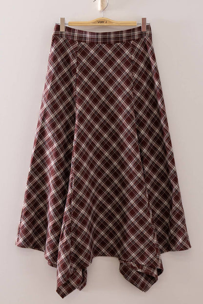 Red Plaid Hanky Hem Midi Skirt