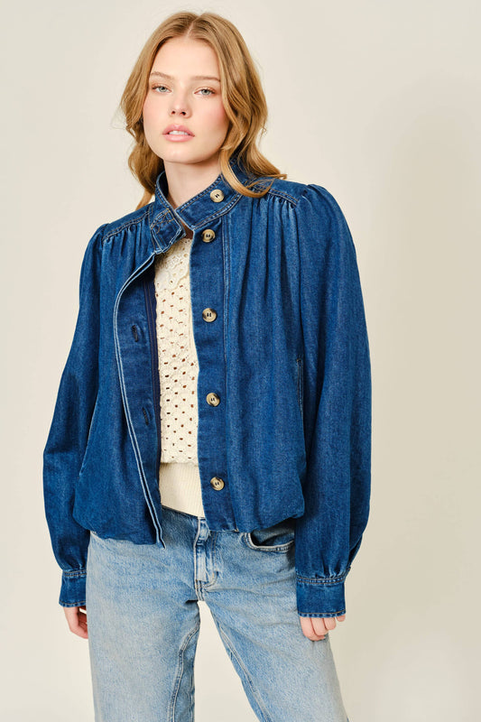 Dark Denim Bubble High Neck Denim Jacket