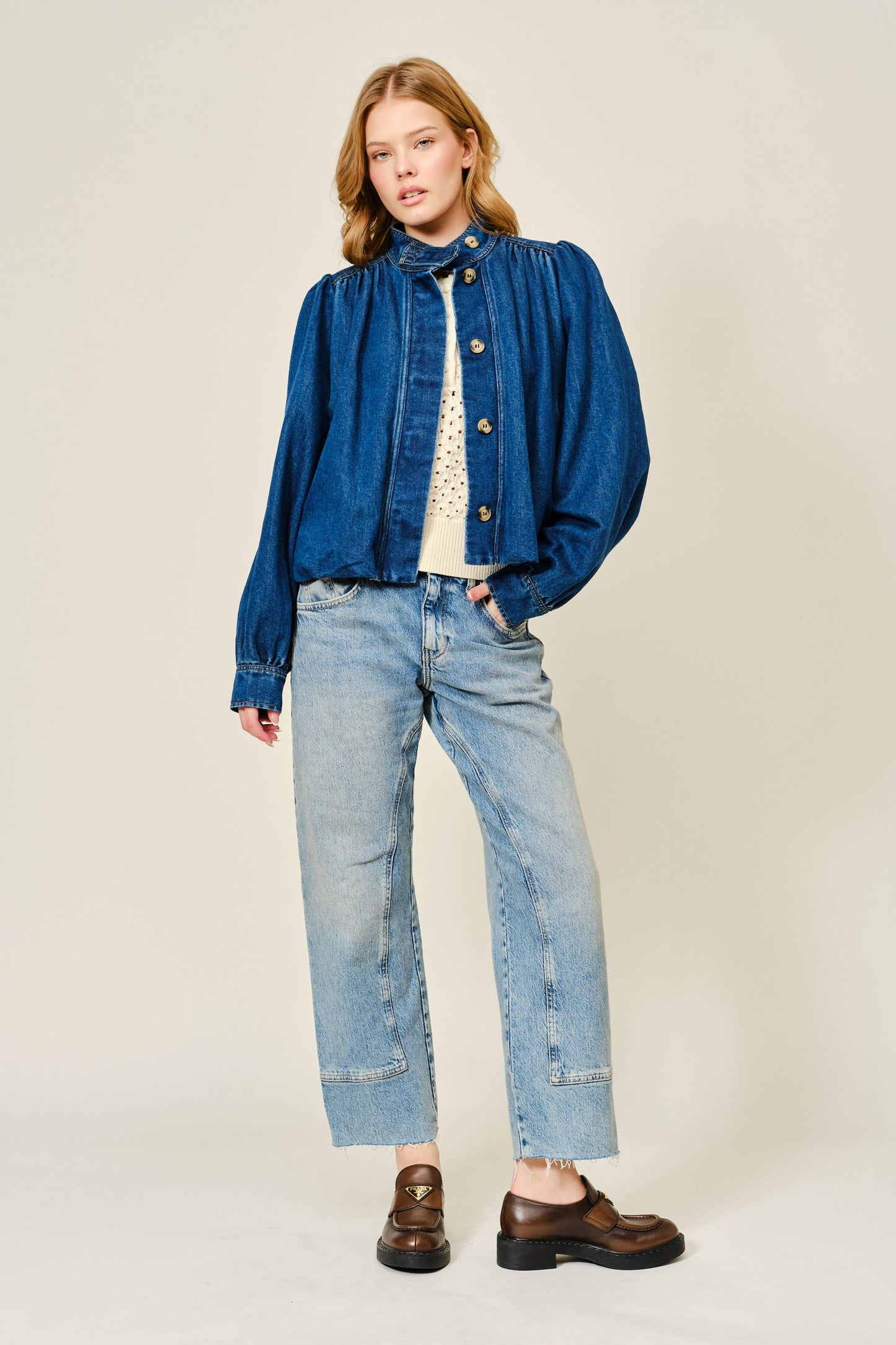 Dark Denim Bubble High Neck Denim Jacket