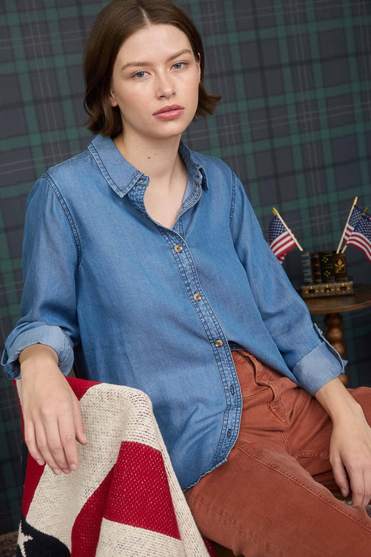 Chambray Collared 3/4 Tab Sleeve Button Down