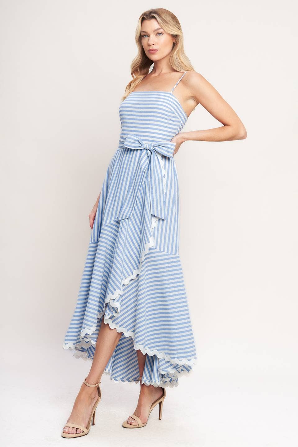 White & Blue Striped Ruffle Hem Midi Dress