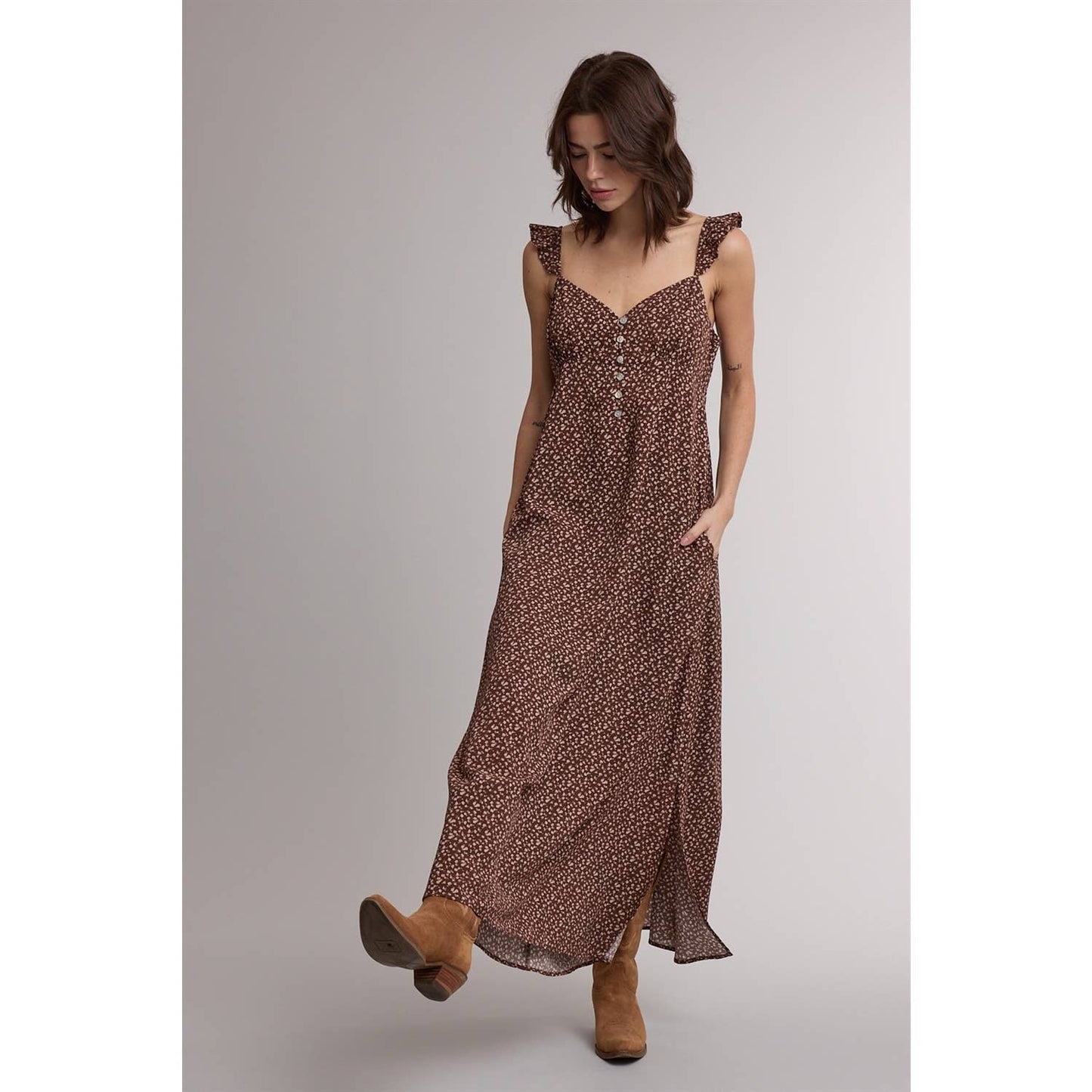 Espresso/Rose Floral Ruffle Strap Midi Dress