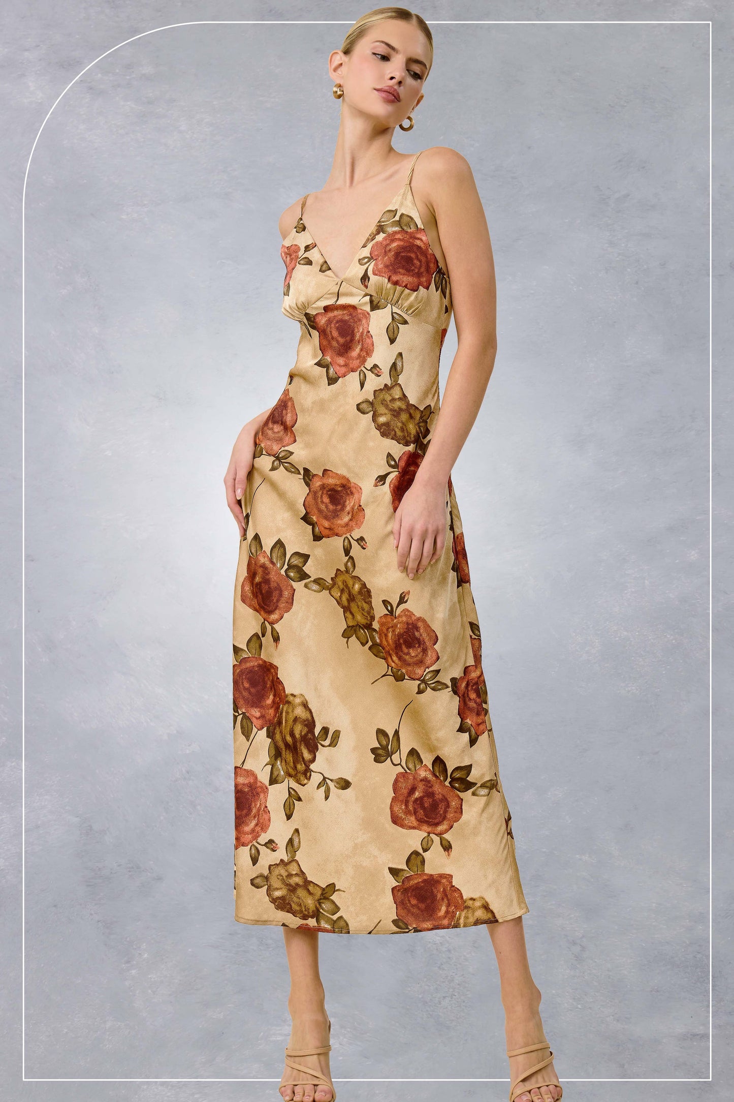 Fall Floral Satin Midi Slip V-Neckline Dress