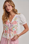 Off White Floral Embroidered Tie Front Top